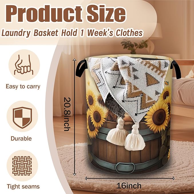 Highland Cow Laundry Hamper,Sunflower Butterflies Collapsible Laundry Baskets Waterproof Oxford Cloth With Handles,Clothes Storage Bucket Toy Organizer For Bathroom/Nursery/Bedroom 16" x 20.8"