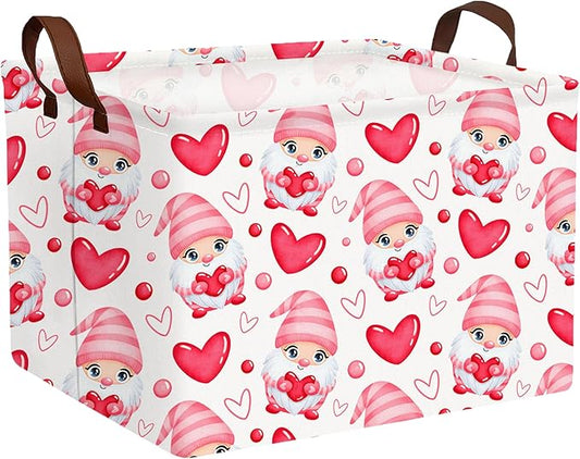 Large Valentine's Day Basket Heart Shaped Storage Bin for Gifts Collapsible Organizer Room Decor (Pink Gnome Love)