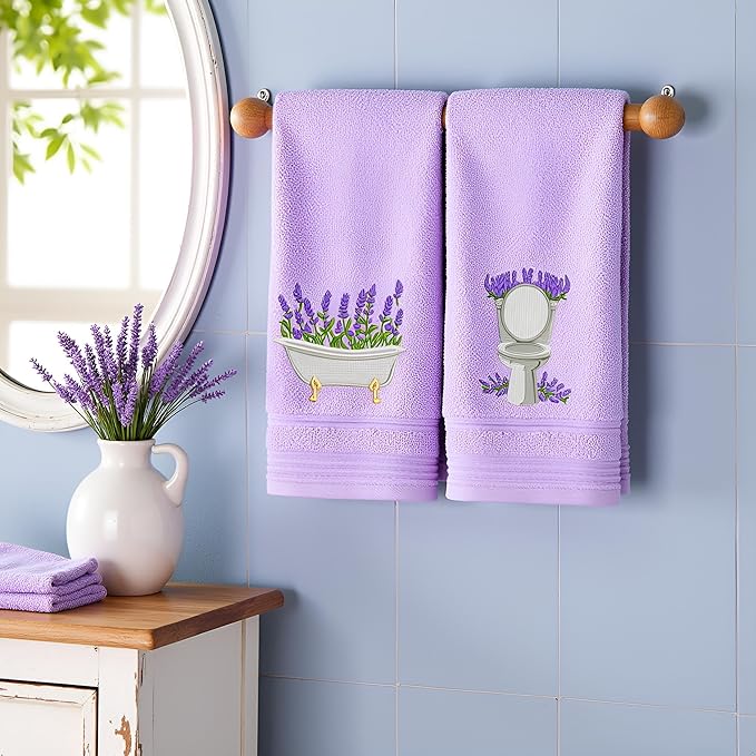 2pcs Purple lavender Hand Towels for Bathroom Decorative Towels Set 100% Cotton cute Embroidered Spring summer floral bath towels dish kitchen towels Farmhouse Bathroom Decor Gift(Purple lavender)