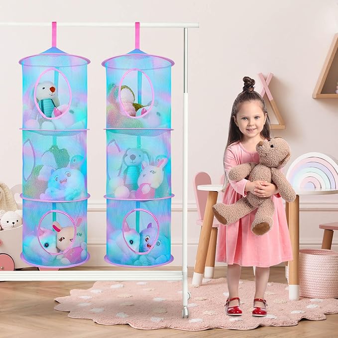 Basumee Stuffed Animals Net or Hammock 2 Pcs Stuffed Animals Storage Toy Net Hammock for Plushies Storage Organizer Mesh Kids Girls Room Decor, Blue Teal, 3 Tiers