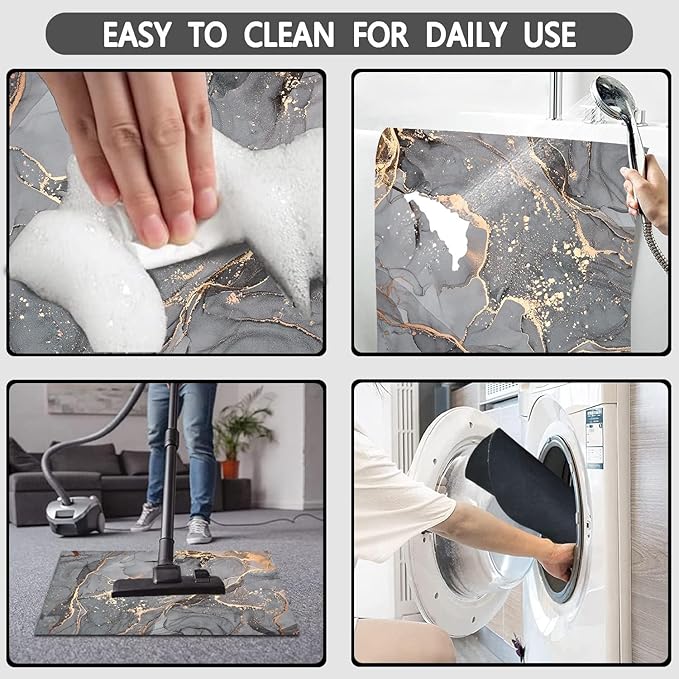 Grey Gold Marble Bathroom Mats Rugs Sets 3 Piece, Abstract Bath Mat Quick Dry Thin Rubber Back Diatomaceous Earth Rugs with U-Shaped Contour Toilet Mat for Bathroom Decor Floor Shower Room