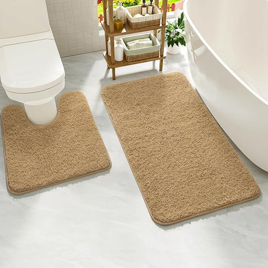 HOMORE Bathroom Rug Sets 2 Piece,Soft Absorbent Bath Mat Sets,Contour Toilet Mat U Shape 21x21 and 21x34 Bath Rugs, Plush Washable Non Slip Rug for Bathroom, Beige