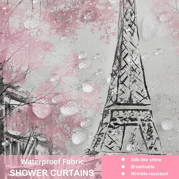 4Pcs Paris Cherry Blossom Shower Curtain Set, Black and Pink Eiffel Tower Bathroom Set with Shower Curtain, Romantic Cityscape Bath Decor for Women, Girly Bathroom Accessories