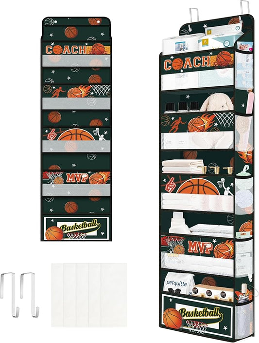 Clastyle Ball Over The Door Organizer Star Nursery Hanging Storage Organizer for Boys Clothes Diaper Toy Closet Door Hanging Shelf Storage for Bedroom Bathroom Pantry, Basketball, 5-Tier