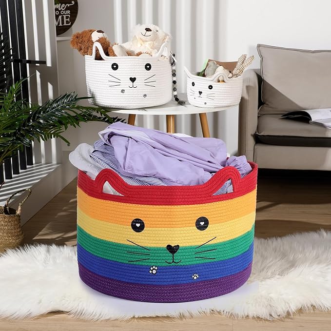 Zopeal Cat Basket Storage Woven Organizer with Ears Christmas Decorative Pet Toy Cute Cotton Rope Basket for Gift Cat Dog Toy Bin Nursery Room(21.7 x 13.8 Inch,Rainbow)