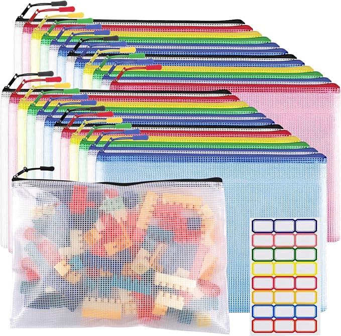 24pcs Mesh Zipper Pouch Bags A4 Zipper Bags for Classroom Organization, Waterproof Document Zipper Pouches for Cosmetics, Travel Storage File Bags for Office Supplie