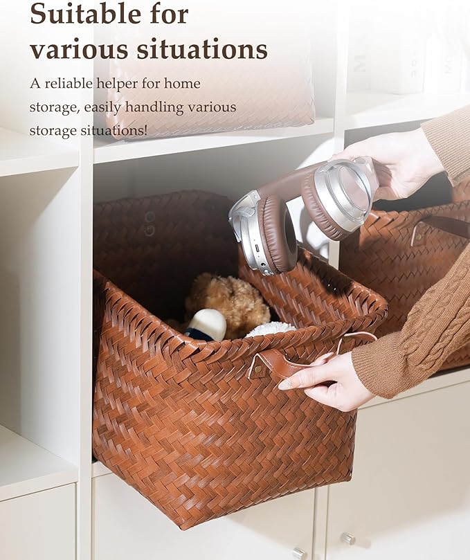 15x10x9 Woven Laundry Basket Hamper, Storage Basket for Clothes Blankets, 4-Pack Wicker Bin for Closet Shelves Bedroom Bathroom, Brown