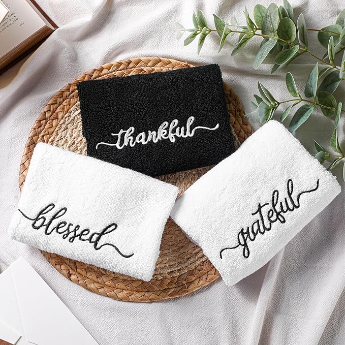 3 Pcs Thanksgiving Black and White Fingertip Towels 100% Cotton Fall Farmhouse Bathroom Hand Towels 12 x 18 in Decorative Embroidery Blessed Thankful Grateful for Gift Home Decor