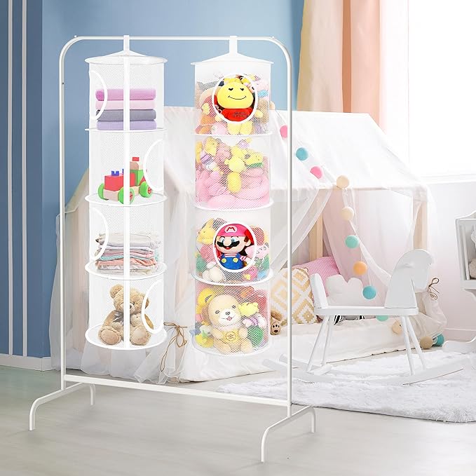coastal rose 2Pcs Stuffed Animal Storage Foldable Stuffed Animal Net or Hammock Organizer, 4 Compartments Hanging Mesh Toy Storage Hammock for Kid Room Toys, Gloves, Hats, Socks(White)