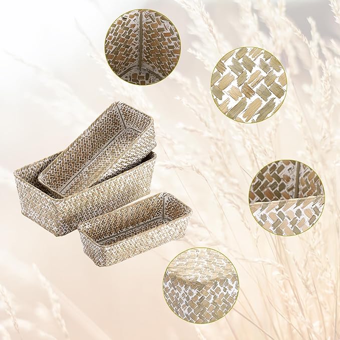 3 Natural Wicker Baskets Set Rectangular Handwoven Seagrass Basket Storage Bins Home Organizer Bins - Household Basket Box for Shelf Wardrobe Desktop Home Decor (Whitewash)