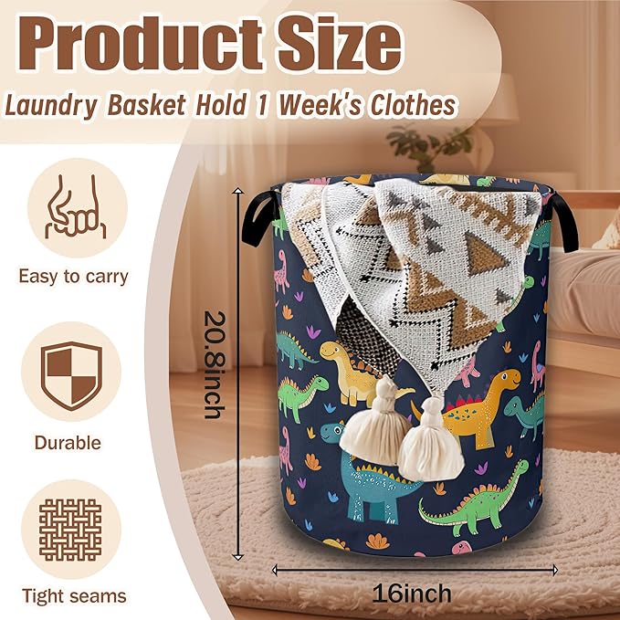 Dinosaurs Laundry Baskets,Colorful Dinosaurs Laundry Hamper,Storage Basket with Handles for Bathroom Bedroom College Dormitory Living Room Nursery Organizer 16"x20.8"