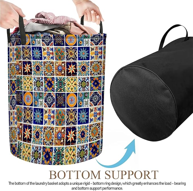 Talavera Mexican Tile Print Laundry Basket, Large Canvas Collapsible Organizer Storage Basket for Nursery,Office,Toy Organizer,Home,Decor - 19.7" X 15.7 "