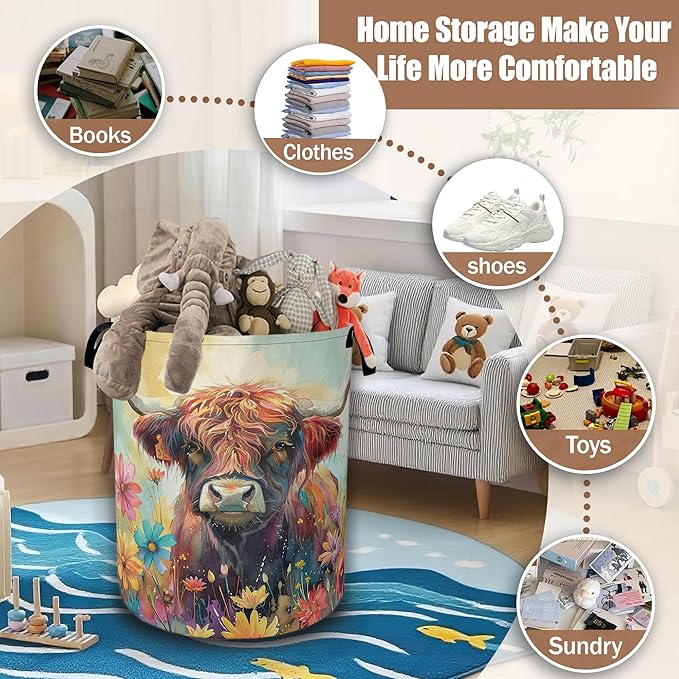 Highland Cow Laundry Basket,Spring Flowers Watercolor Laundry Hamper Waterproof Oxford Cloth Tote Collapsible,Clothes Storage Bucket Decorative Toy Organizer For Bathroom Bedroom 16" x 20.8"