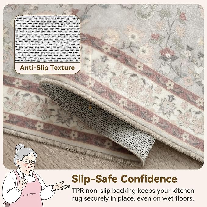 GRANNY SAYS Boho Bathroom Runner 47"x 18" Non-Slip,Quick Dry & Washable Vintage Bath Rug,Distressed Farmhouse Plush Velvet Bath Mat for Sink Shower and Bathtub, Flower Beige