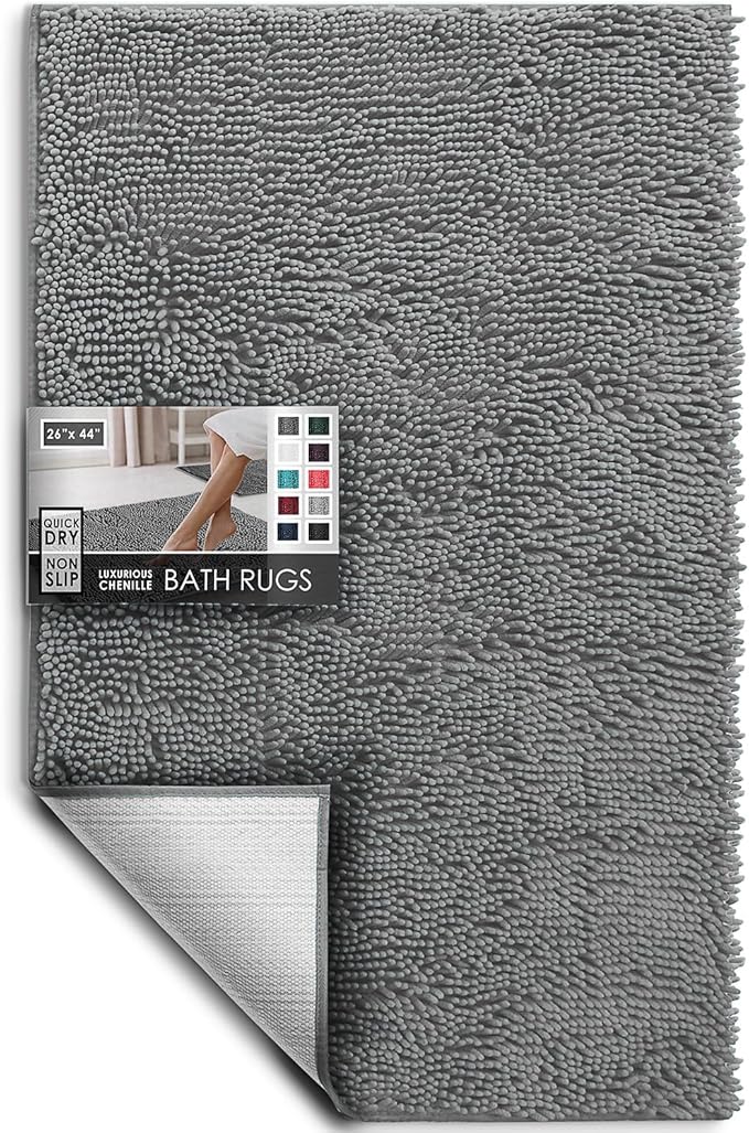 Hearth & Harbor Bathroom Rugs, Chenille Bath Mat - Machine Washable Bath Mats for Bathroom Non-Slip Backing Rubber, Quick Dry Bathroom Mat, 26 x 44 - Frost Grey