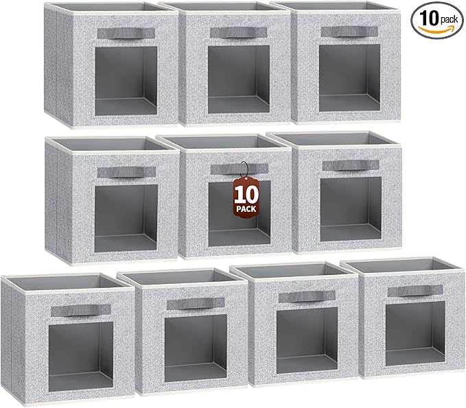 Foldable Storage Cubes - Cubby Storage Organizer with Window, Decorative Baskets for Organizing, 11 Inch Fabric Cube Shelf Bins, Set of 10, Light Gray