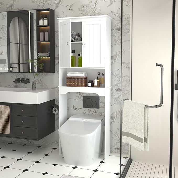 Over The Toilet Storage Cabinet, Bathroom Shelf Over Toilet, Bathroom Organizer and Storage Cabinet,Over Toilet Bathroom Organizer with 2 Doors, Paper Holder and Racks, Bathroom Decor (White-01)