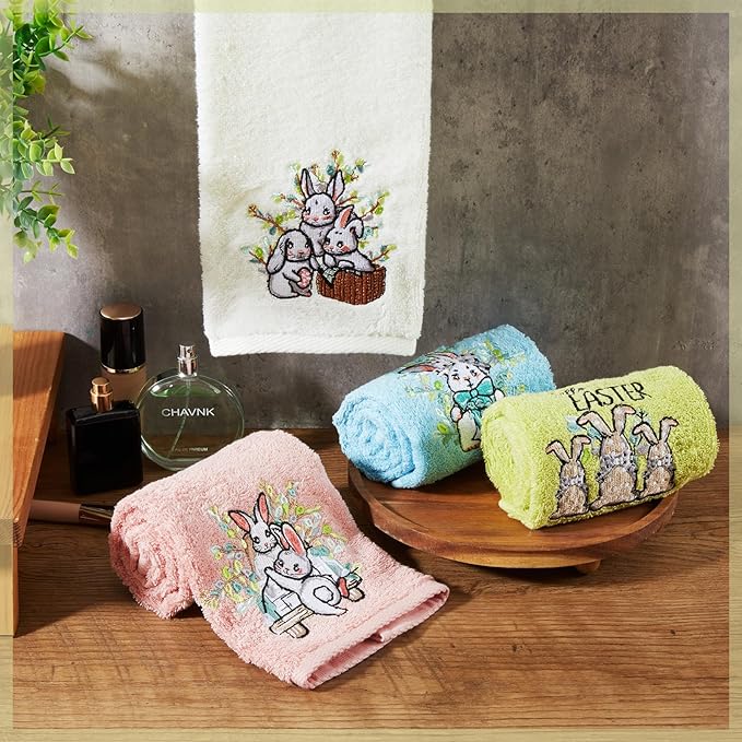 4 PCS Easter Towels Set 29" x 13" Cotton Embroidered Bunny Bathroom Hand Towel Colorful Retro Bunny Rabbit Decorative Soft Hand Towels Absorbent Set for Bunnies Housewarming Gifts
