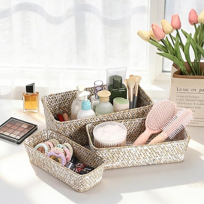 3 Natural Wicker Baskets Set Rectangular Handwoven Seagrass Basket Storage Bins Home Organizer Bins - Household Basket Box for Shelf Wardrobe Desktop Home Decor (Whitewash)