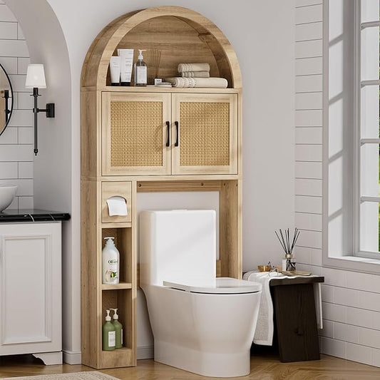 Spurgehom Over The Toilet Storage Cabinet, Bathroom Shelf Organizer Freestanding, Bathroom Arch Cabinet Over Toilet with Toilet Paper Holder and Anti-Tipping Device (Wood & Wicker Door)