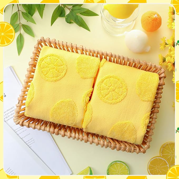 2 Pcs Lemon Hand Towels for Bathroom 100% Cotton Jacquard Weave Bath Towel Set Soft Absorbent Dish Washcloth for Bathroom Kitchen Tropical Theme Gifts 13.8 x 29.5 Inch (Lemon Yellow)