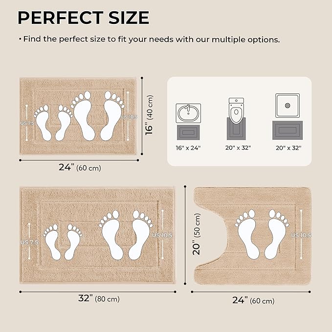 GRANNY SAYS Bathroom Rugs Sets 3 Piece, Soft Absorbent Microfiber Bath Mats for Bathroom Non Slip Washable, U-Shaped Toilet Bath Rugs for Tub Shower (Beige, 16" x 24" + 20" x 32" + U Shaped 20" x 24")