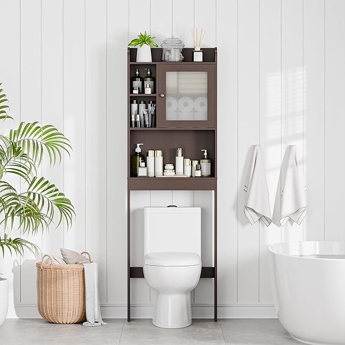 ZenStyle Over The Toilet Cabinet Double Door Wood Bathroom Storage Organizer with Adjustable Shelves, Cubby and Tempered Glass Door (Brown)