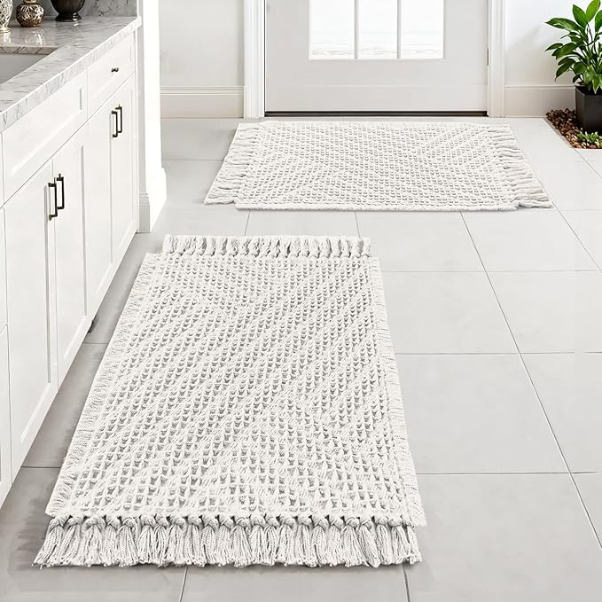 H.VERSAILTEX Waffle Bath Mat Super Absorbent Boho Bath Mat Non Slip Bath Rugs for Bathroom Floor Machine Washable Dry Fast Bathroom Rugs with Tassels (20 x 32 Plus 17 x 24 Inches, Ivory White)