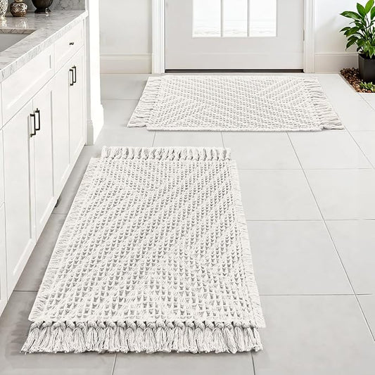 H.VERSAILTEX Waffle Bath Mat Super Absorbent Boho Bath Mat Non Slip Bath Rugs for Bathroom Floor Machine Washable Dry Fast Bathroom Rugs with Tassels (20 x 32 Plus 17 x 24 Inches, Ivory White)