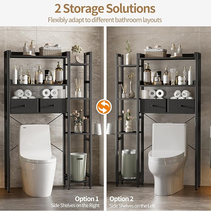 Housolution Over The Toilet Storage with 2 Drawers, 7 Tier Over Toilet Bathroom Organizer with Height Adjustable Shelves and Hooks, Space Saver Above Toilet for Bathroom/Restroom/Laundry, Black