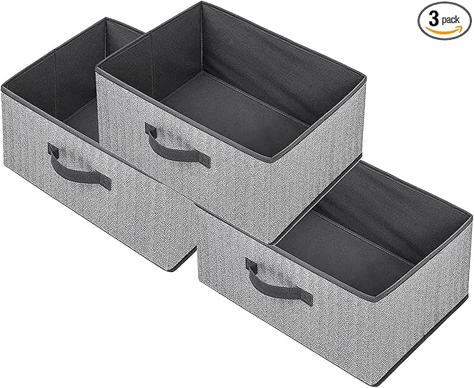 Storage Baskets, 15.7 Inch Woven Fabric Bins, Storage Cubes with Reinforced Handles, Organizer Bins for Closet Shelves, Foldable, for Toys, Clothes (3PCS/Grey-15.7*11*7.8inch)