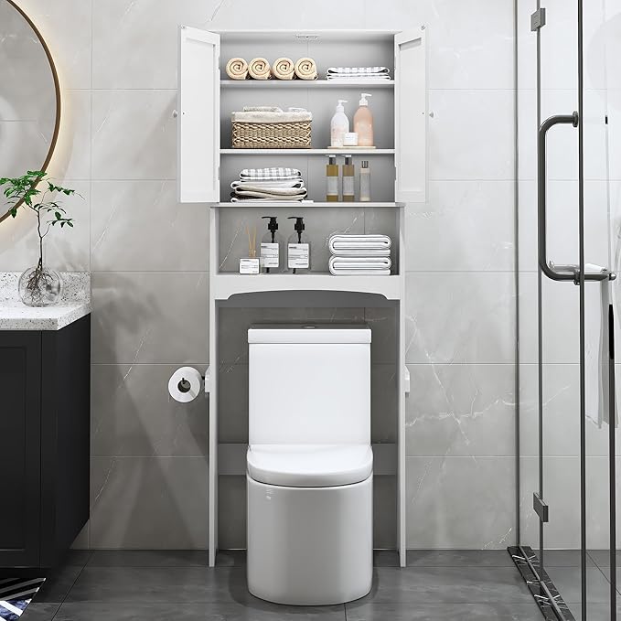 Over The Toilet Storage Cabinet with Gold Trim, Modern Bathroom Organizer Over Toilet with Adjustable Shelves and Toilet Paper Holder for Bathroom (White)
