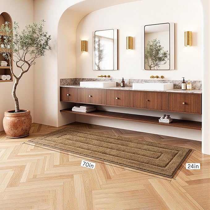 HOMORE Bathroom Runner Rugs 24x70 Non Slip Washable Long Bath Rug, Light Brown Rugs for Bathroom Absorbent Bath Rug Runner with TPR Backing, Soft and Thick Bath Mat for Shower Floor