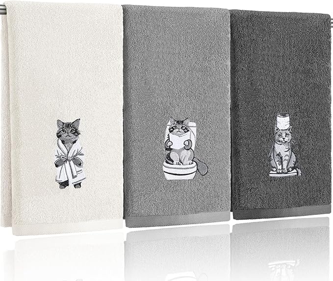 3 Pcs Cat Bathroom Hand Towels Set Cute Black Cat Embroidered Decorative Funny Kitchen Towels 100% Cotton Embroidery Farmhouse Decor for Bathroom Kitchen 13.3 x 29.5''