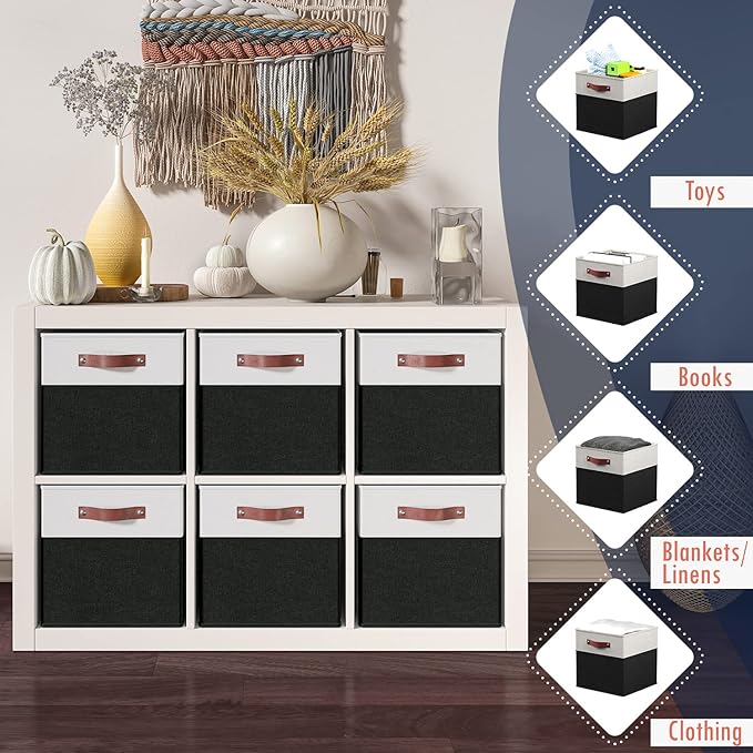 Ornavo Home 13 x 13 Storage Cube Bins, Foldable Collapsible Fabric Storage Bins Box Linen Shelf Basket Cube Organizer for Closet with Leather Handles, 6 Pack, White/Black