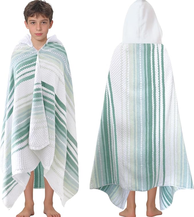 Hooded Bath Towel for Teens (6-12 Years,64"X33") | Soft Fluffy Quick Dry Absorbent 100%Cotton Thick Towel Wrap for Big Kids | Versatile Beach, Pool, Swim & Bath Cover-Up | Light Green Vertical Stripe