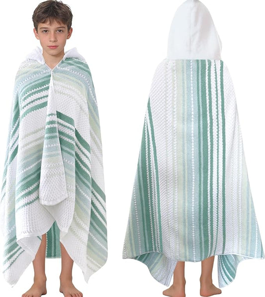 Hooded Bath Towel for Teens (6-12 Years,64"X33") | Soft Fluffy Quick Dry Absorbent 100%Cotton Thick Towel Wrap for Big Kids | Versatile Beach, Pool, Swim & Bath Cover-Up | Light Green Vertical Stripe
