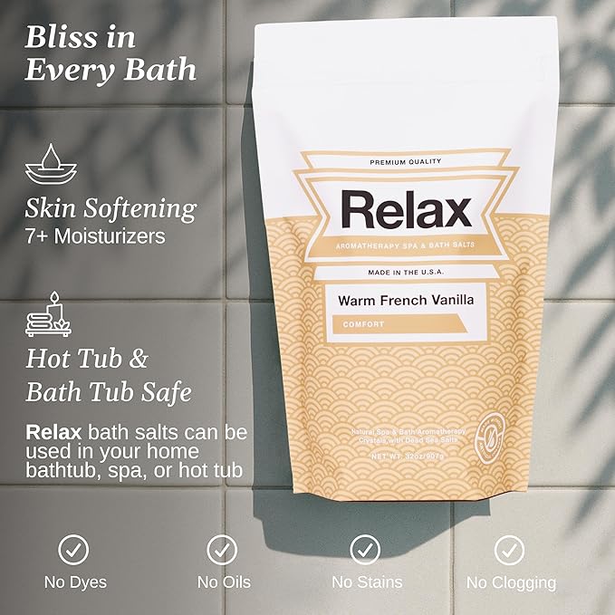 Relax Spa & Bath, Epsom & Dead Sea Salts, Aromatherapy Bath Salts for Hot Tub, Bath, or Spa, Infused with Magnesium, Warm French Vanilla Scent
