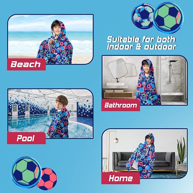 Hooded Towels for Kids -Toddler Beach Towel- Super Absorbent & Quick Dry 100% Cotton 30x50 Inch - to Kid Ages 3-10-Soccer Pattern Design