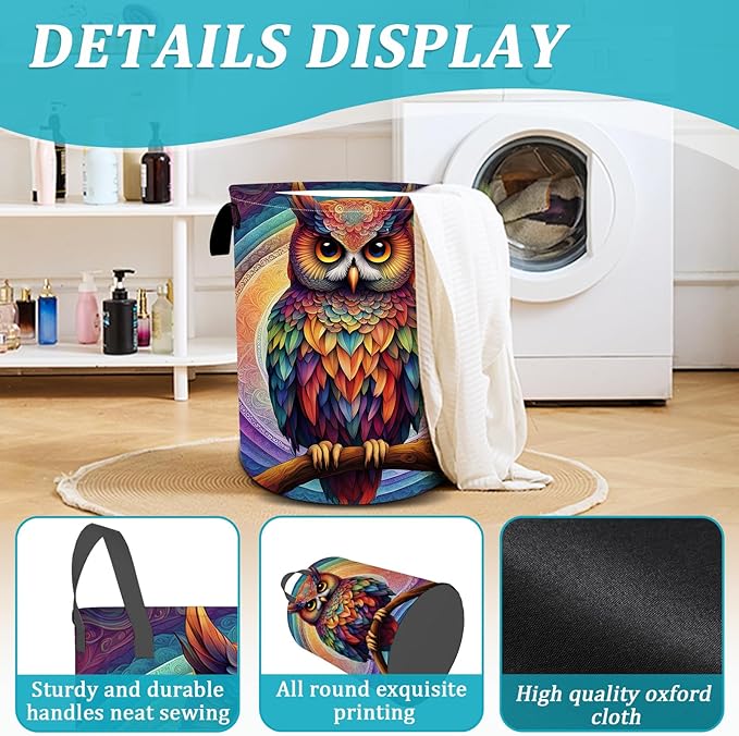 Owl Laundry Basket, Foldable Waterproof Oxford Cloth Mandala Laundry Hamper Funny Tote Bag Dirty Clothes Storage Bucket Toy Organizer for Bathroom/Laundry/Bedroom 15.7"x19.6"