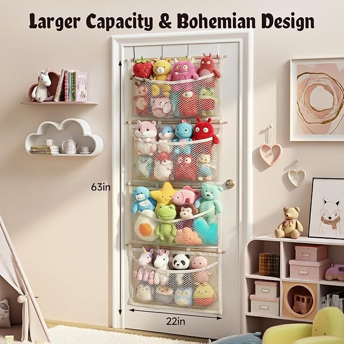 Over Door Large-Capacity Stuffed Animal Storage with Metal Hook & Wooden Stick, Hanging Plush Animal Bear Doll Toy Organizer Net Hammock Behind Door, Boho Nursery Dorm Bedroom Decor for Girl Boy Kid