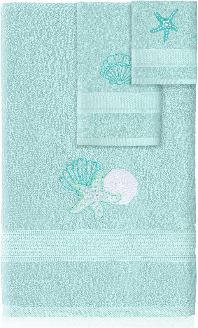 3 Pcs Coastal Seashell Bathroom Towel Set Farmhouse Embroidered Coastal Seashell Towels Vintage Decorative 100% Cotton Bath Towel Highly Absorbent Summer Decor Set for Bathroom