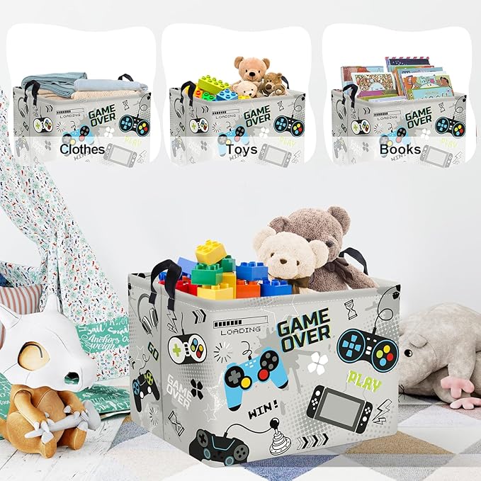 Clastyle Cool Game Storage Basket Kid Game Controller Clothes Laundry Hamper Collapsible Boy Toy Box for Nursery Palyroom,Gray,40 * 30 * 30 cm