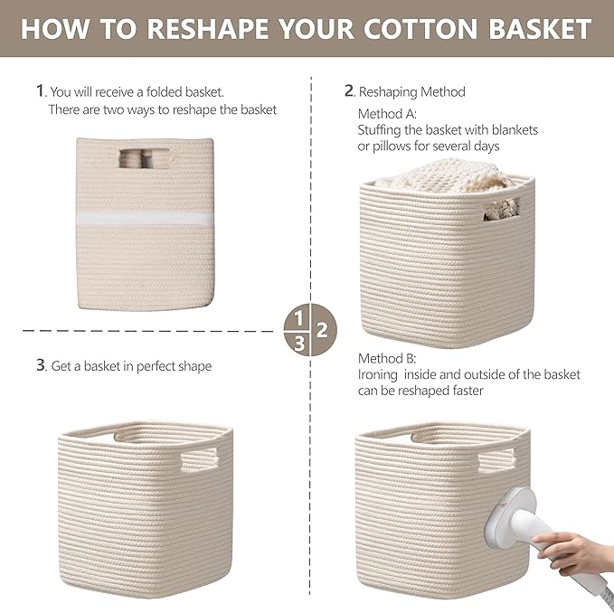 UBBCARE Set of 2 Kallax Storage Cubes-13 ×15 ×13 Inch, Cotton Rope Basket for Shelves, Toys, Book, Cube Storage Bin with Handles, Woven Storage Basket for Organizing, Beige