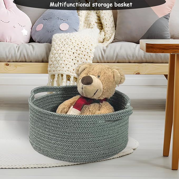 COMFY-HOMI Round Rope Basket with Handles for Shelves,Toys,Book, Cloth Storage Baskets for Organizing-φ11X5 Toy Decorative Organizer for Living Room, Bathroom （green）