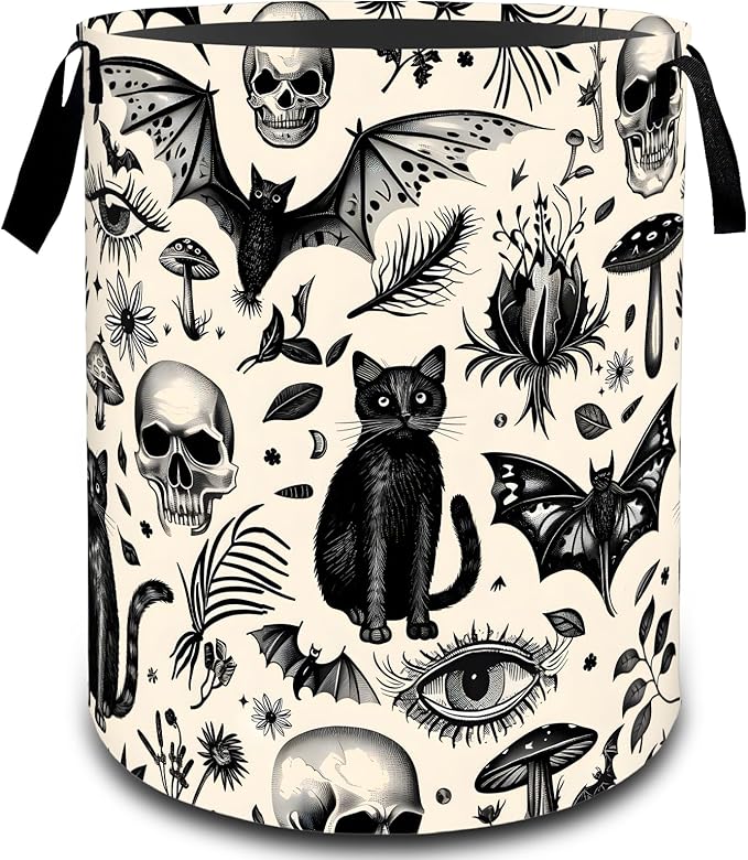 Gothic Black Cat Skull Bat Laundry Basket, Dirty Collapsible Clothes Toy Organizer Hamper for Kids Adults, Oxford Cloth Waterproof Storage Bin for Bathroom Halloween Decor Gifts, 19.7"X15.7"