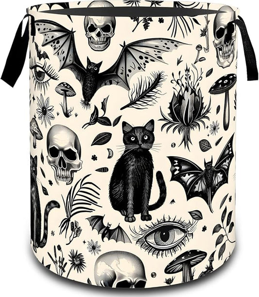 Gothic Black Cat Skull Bat Laundry Basket, Dirty Collapsible Clothes Toy Organizer Hamper for Kids Adults, Oxford Cloth Waterproof Storage Bin for Bathroom Halloween Decor Gifts, 19.7"X15.7"