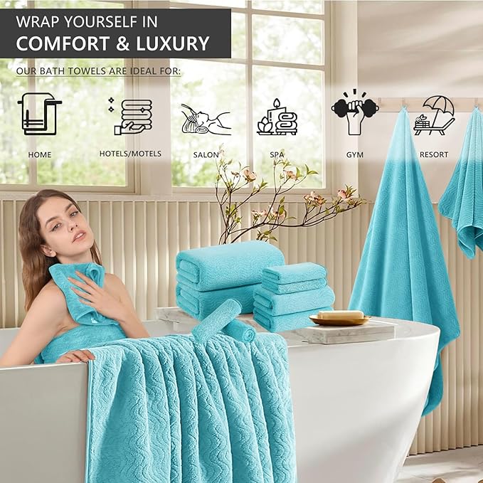 8 Piece Bath Towel Set |2 Oversized Large Bath Sheet,2 Hand Towels,4 Washcloths| Ultra Soft Cozy Bath Towel Set for Bathroom Hotel Gym Spa,Highly Absorbent & Quick Dry Bathroom Towel Collections,Teal