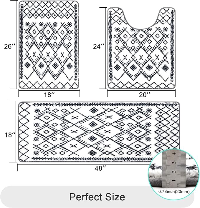 HEBE Bathroom Rug Set - 3 Piece Non Slip Shower Mats with U-Shaped Toilet Mat, Absorbent Microfiber Bath Mats for Bath Rugs, Washable Shaggy Floor Carpet