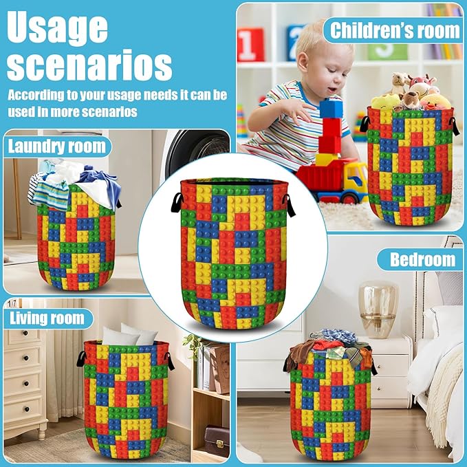 Colorful Building Blocks Laundry Basket, Laundry Hamper Collapsible Oxford Cloth with Handle Clothes Toy Storage Bin for Bathroom Laundry Room Bedroom 15.7 X 20 Inch
